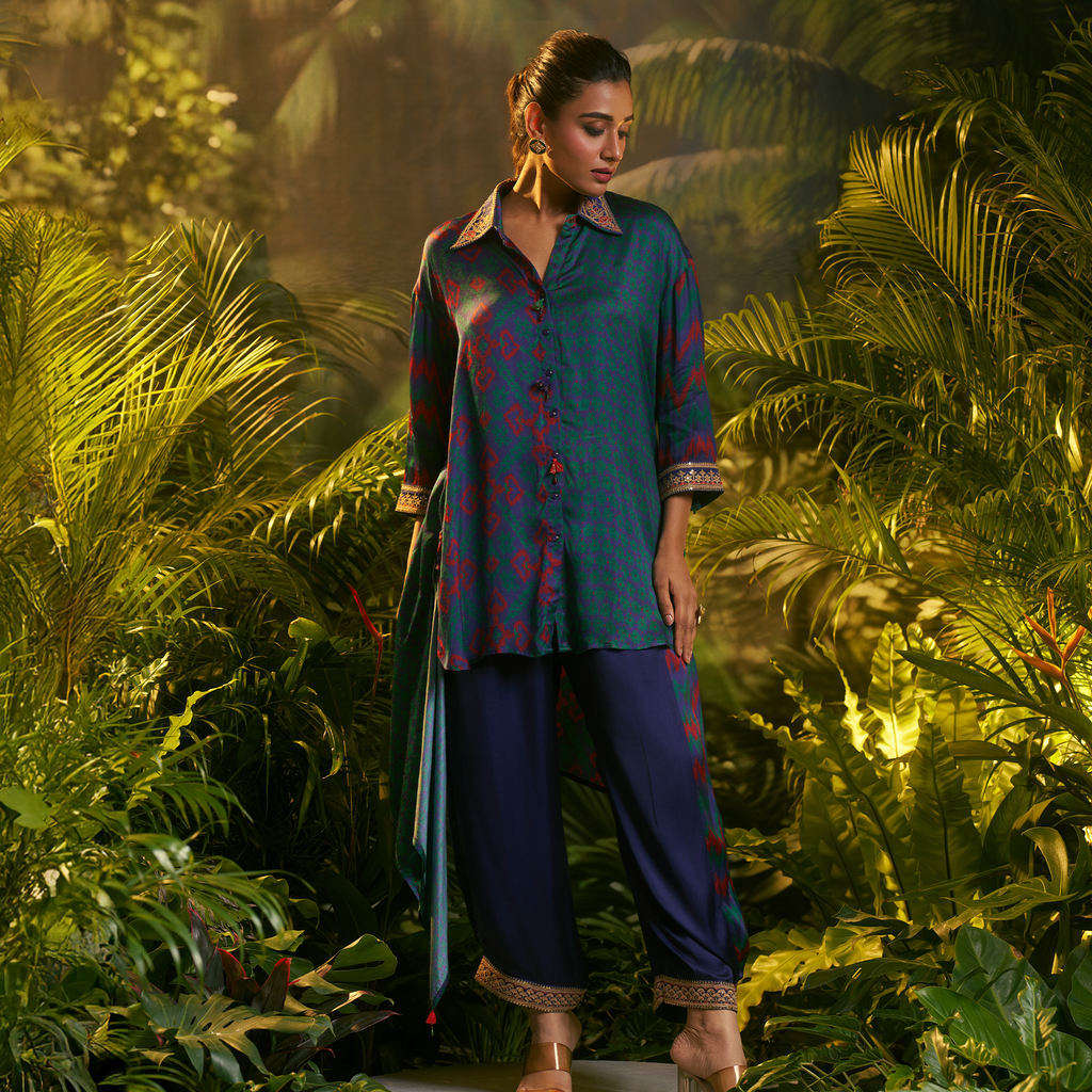 Stylish teal and navy kurta set with elegant prints and matchings for festive occasions
