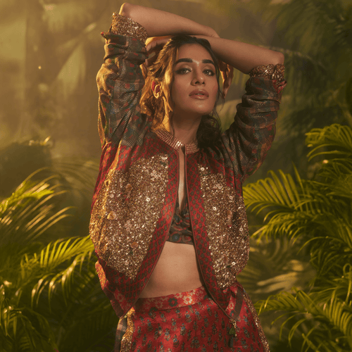 Women's statement bomber jacket India with intricate embroidery and a stylish design, perfect for fashionable outings