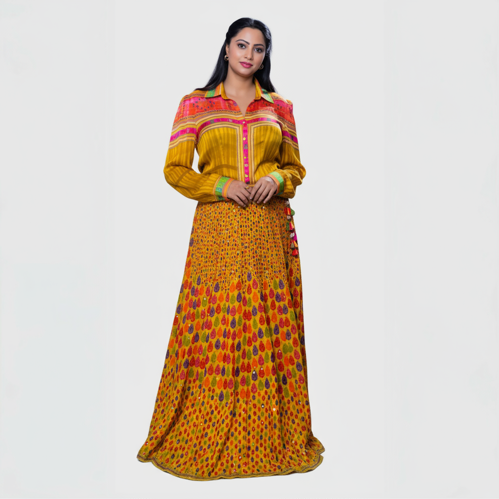 Colorful leheriya ensemble for parties featuring a long yellow skirt with vibrant patterns and a coordinating shirt