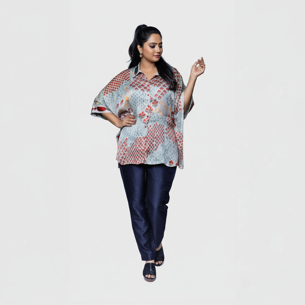 Trendy designer kaftan top for women in blue and orange geometric print, perfect for casual outings.
