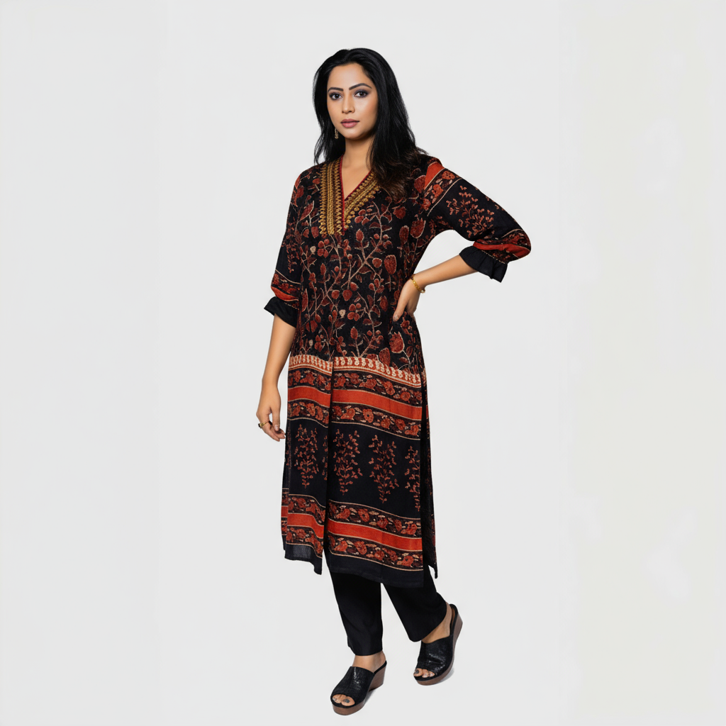 Elegant designer rust kurta for women featuring intricate floral patterns and comfortable fit