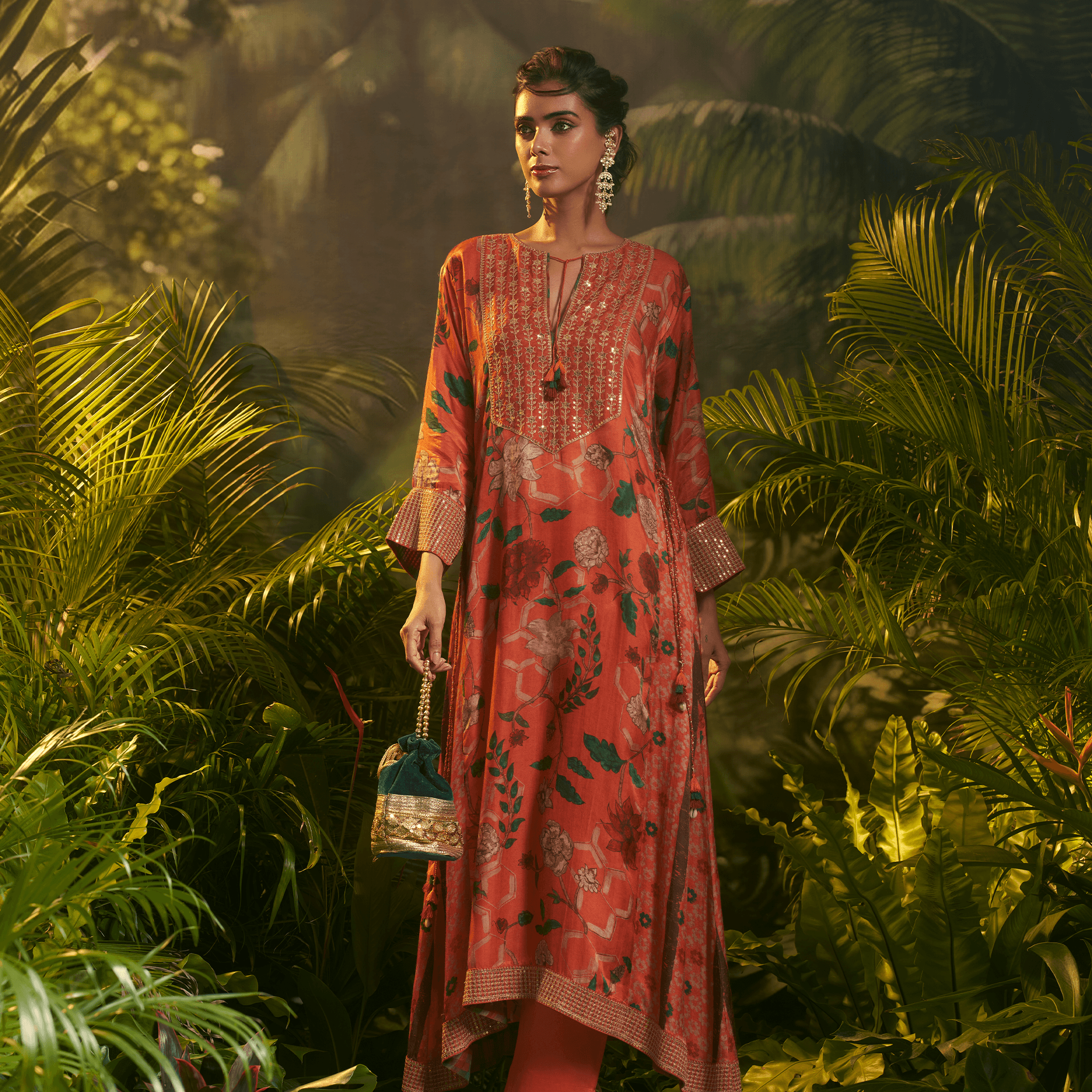 Stunning coral kurta with floral prints, perfect elegant ethnic wear for special occasions