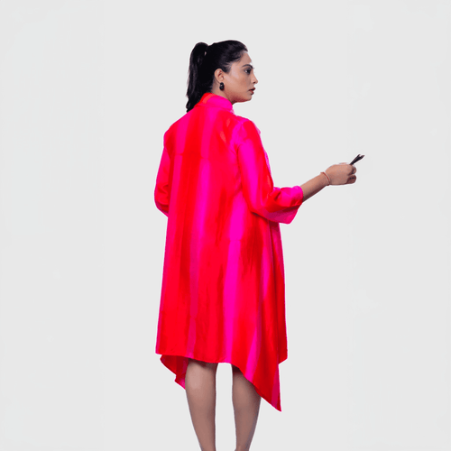 Elegant fuschia pink flare dress online with long sleeves, perfect for casual outings or special occasions