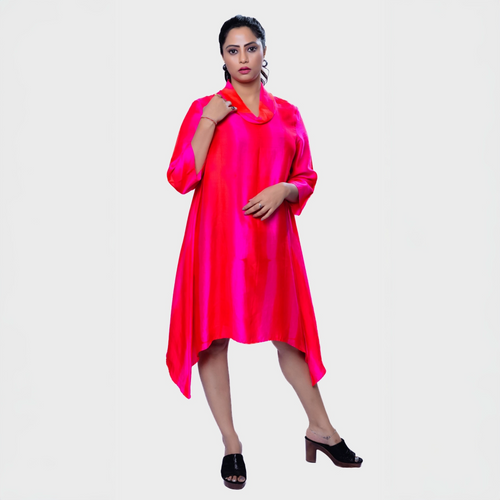 Elegant Fushia pink flare dress online with a stylish neckline, perfect for formal events or casual outings.