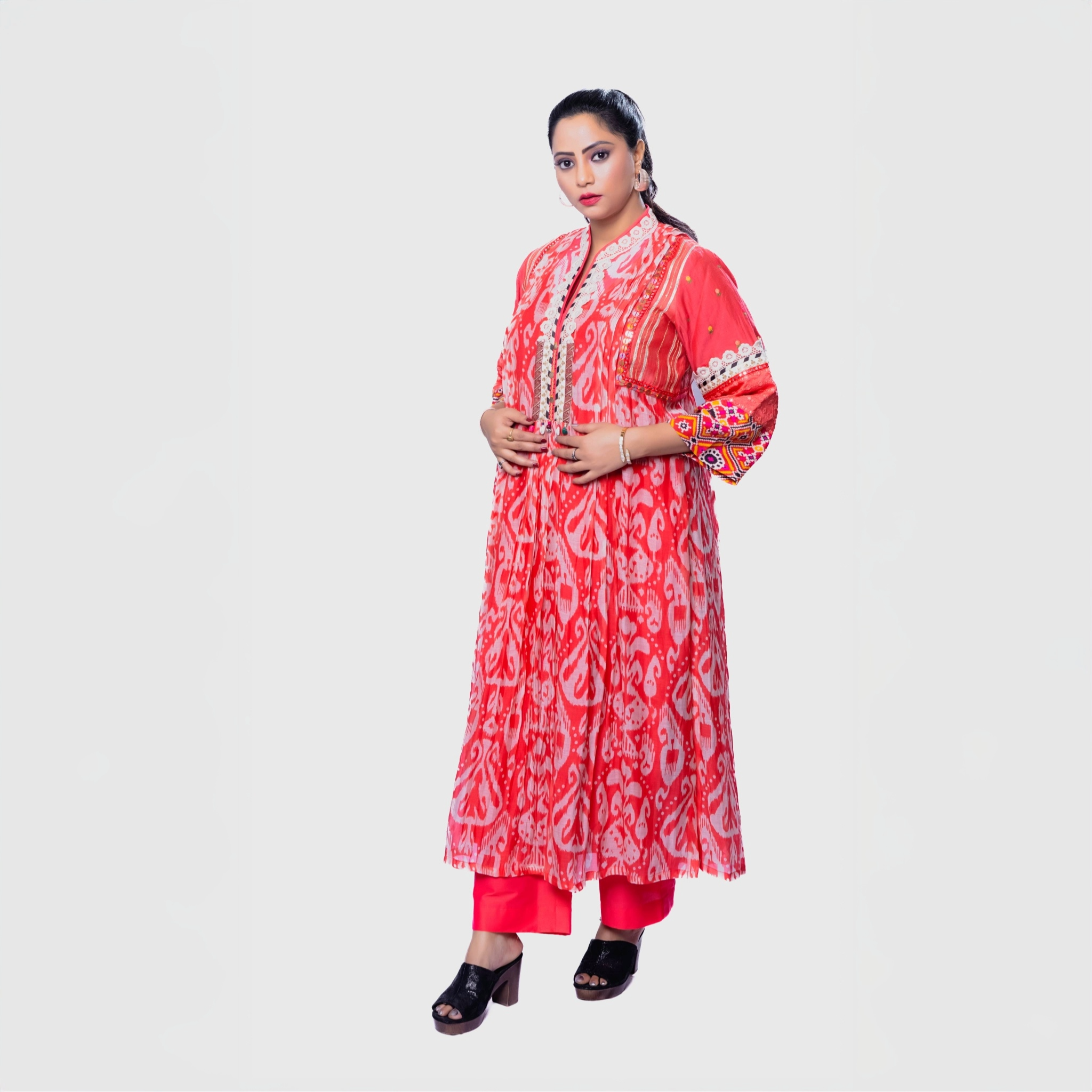 Embroidered kurta set for women in red with intricate white and multicolor patterns from My Store