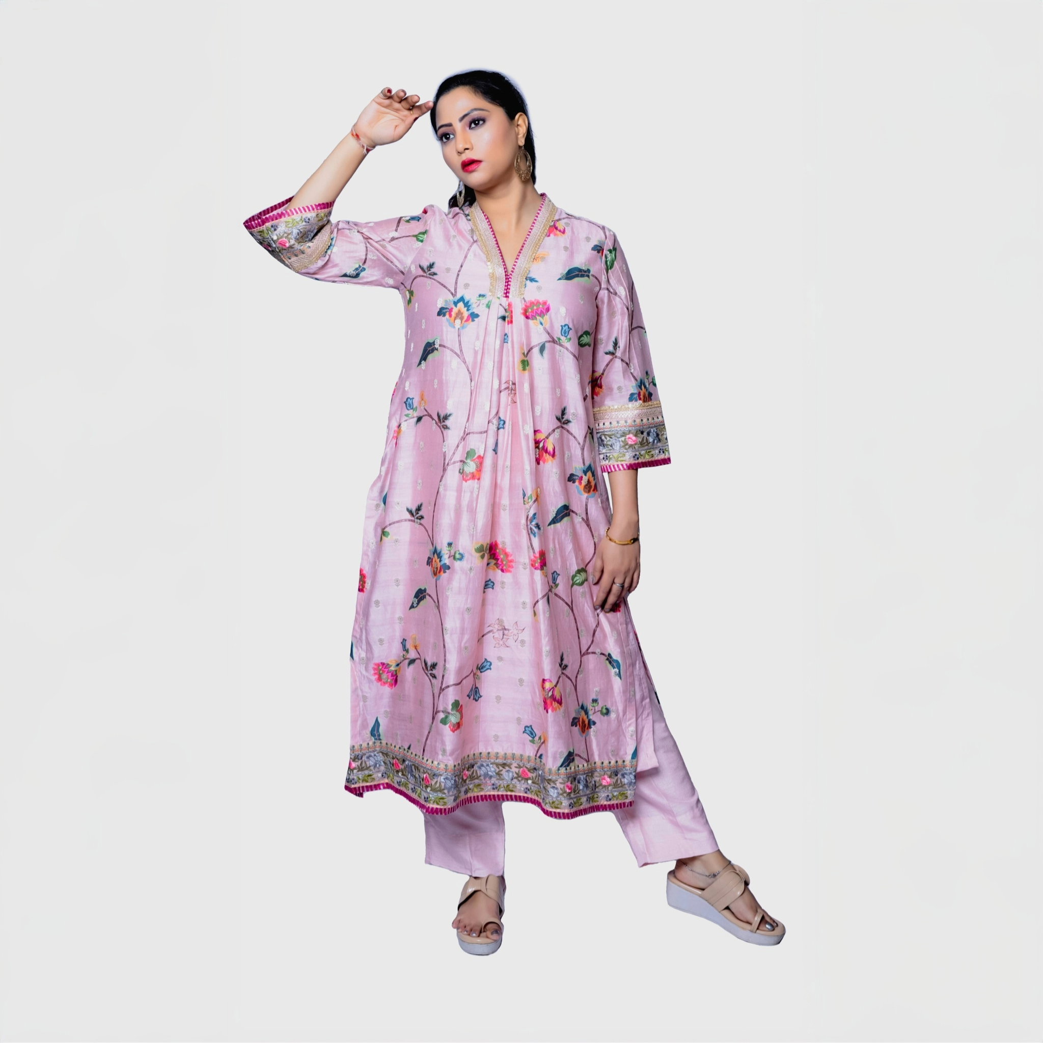 My Store pink salwar kameez set with embroidered borders and floral print luxury floral ethnic wear