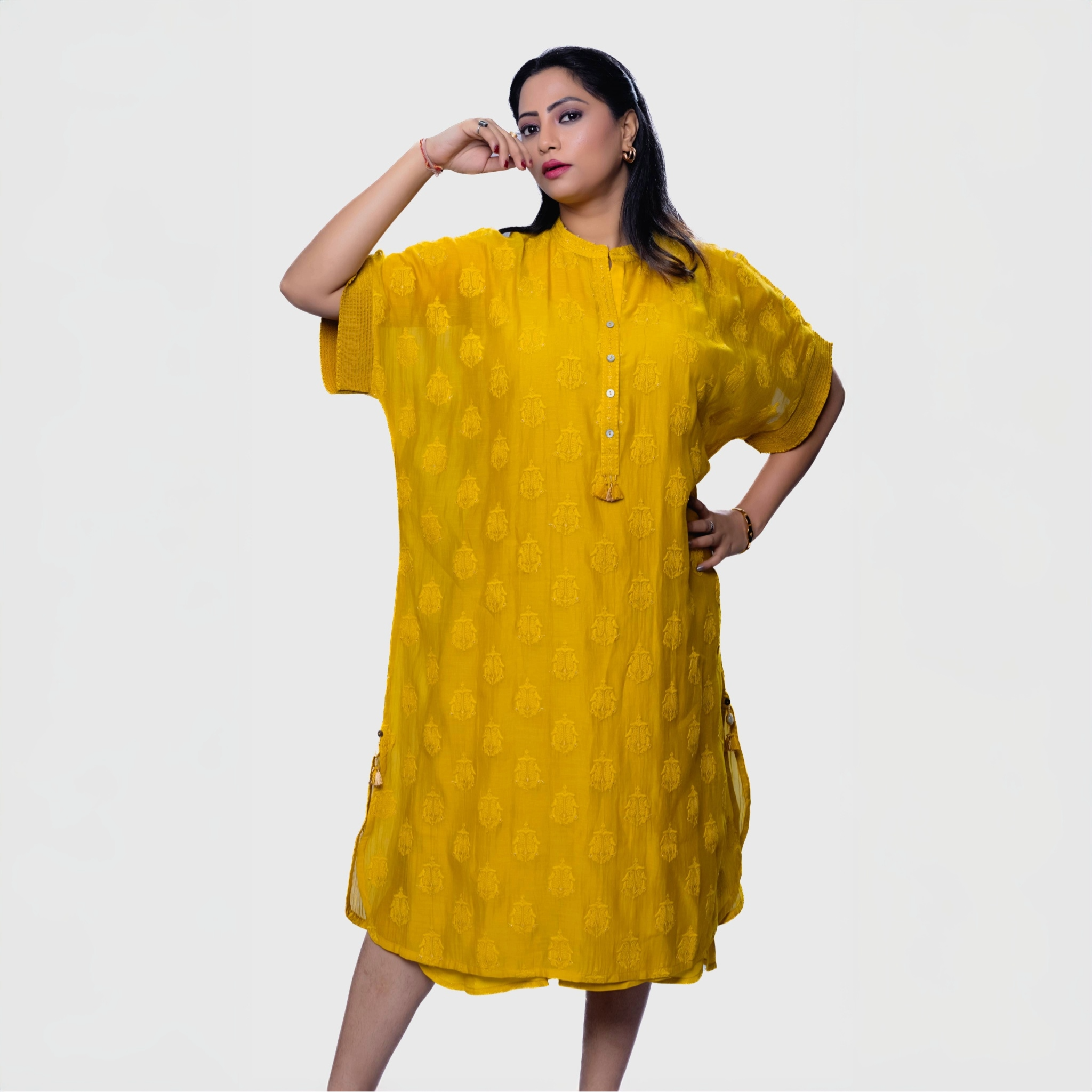 Yellow mandarin collar one piece dress with tassel buttons and short sleeves relaxed fit fusion fashion kurtas online