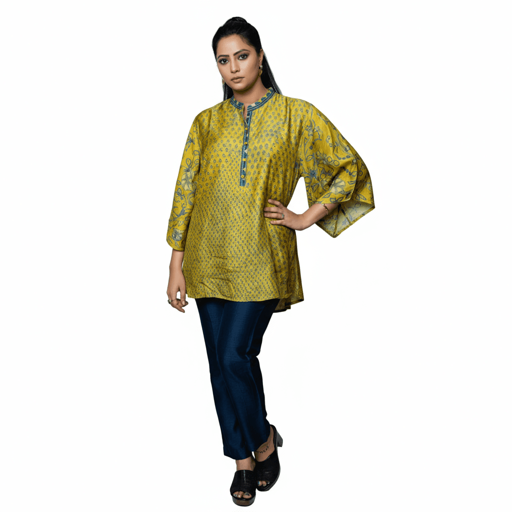 My Store Fusion Fashion Ajrakh Shirt in Yellow with Stylish Half Sleeves and Unique Pattern