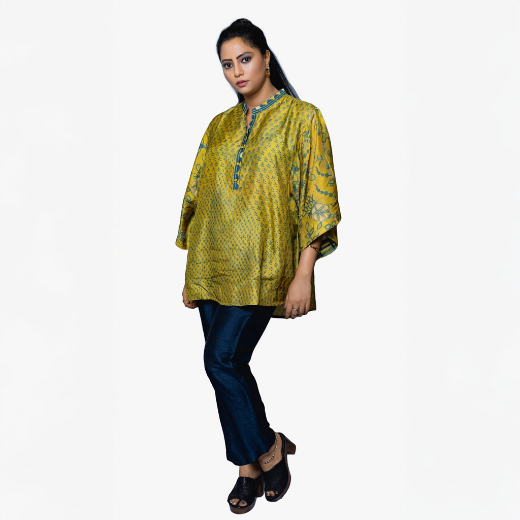 Woman wearing fusion fashion Ajrakh shirt kaftan in yellow with blue accents from My Store