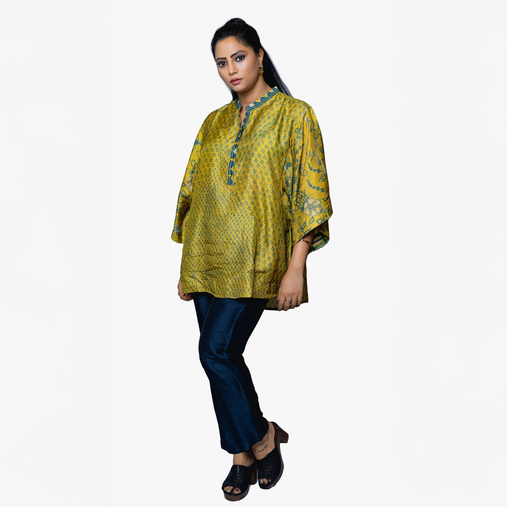 Woman wearing fusion fashion Ajrakh shirt kaftan in yellow with blue accents from My Store