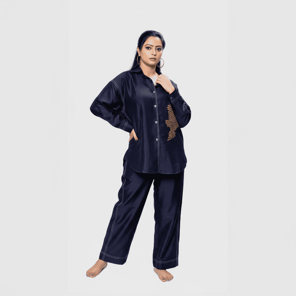 Elegant handcrafted designer clothing for women featuring a stylish shirt and pants set in navy blue
