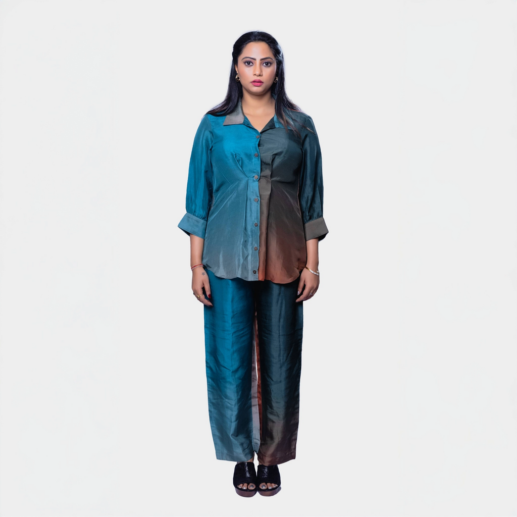 Turquoise and brown shaded shirt and pant codset in silk, perfect for Dubai occasions, handcrafted designer clothing for women