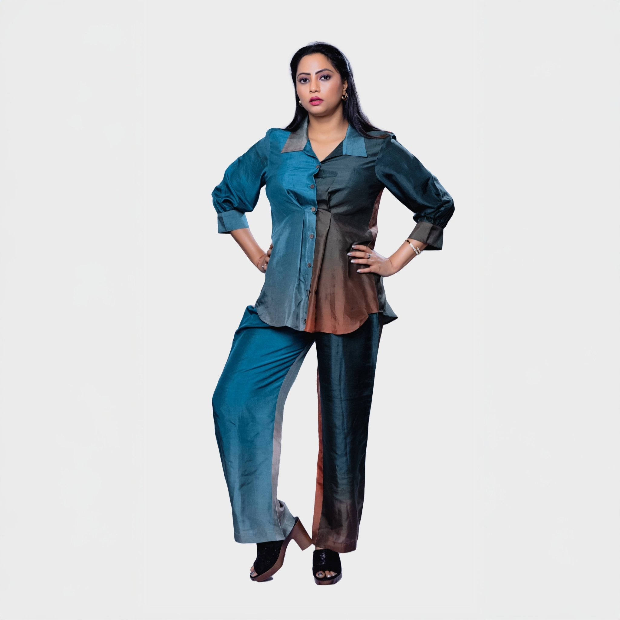 Shaded blue and brown silk shirt and pants set from Natasha Mehta, ideal for upscale occasions, handcrafted designer clothing for women.