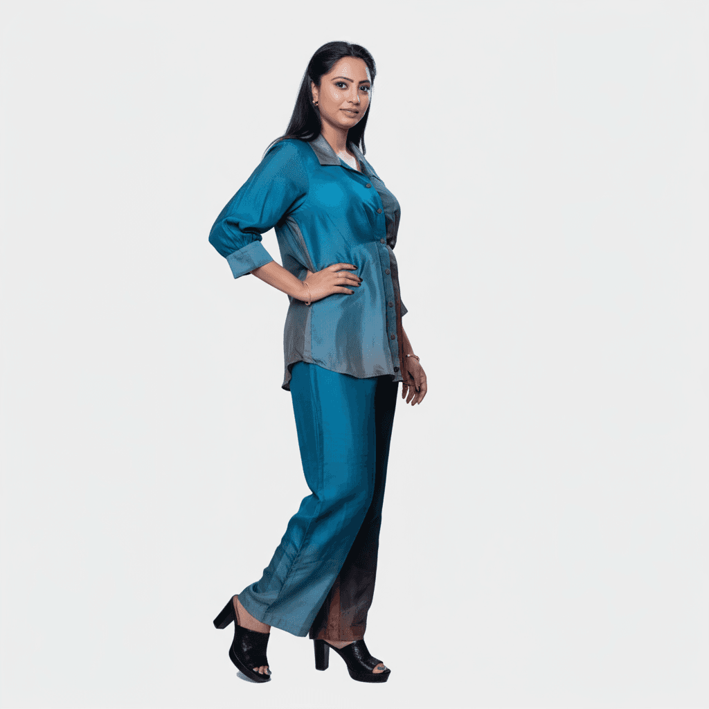 Two-tone shaded shirt and pant codset in teal and brown, featuring a stylish design perfect for Dubai outings, handcrafted designer clothing for women.