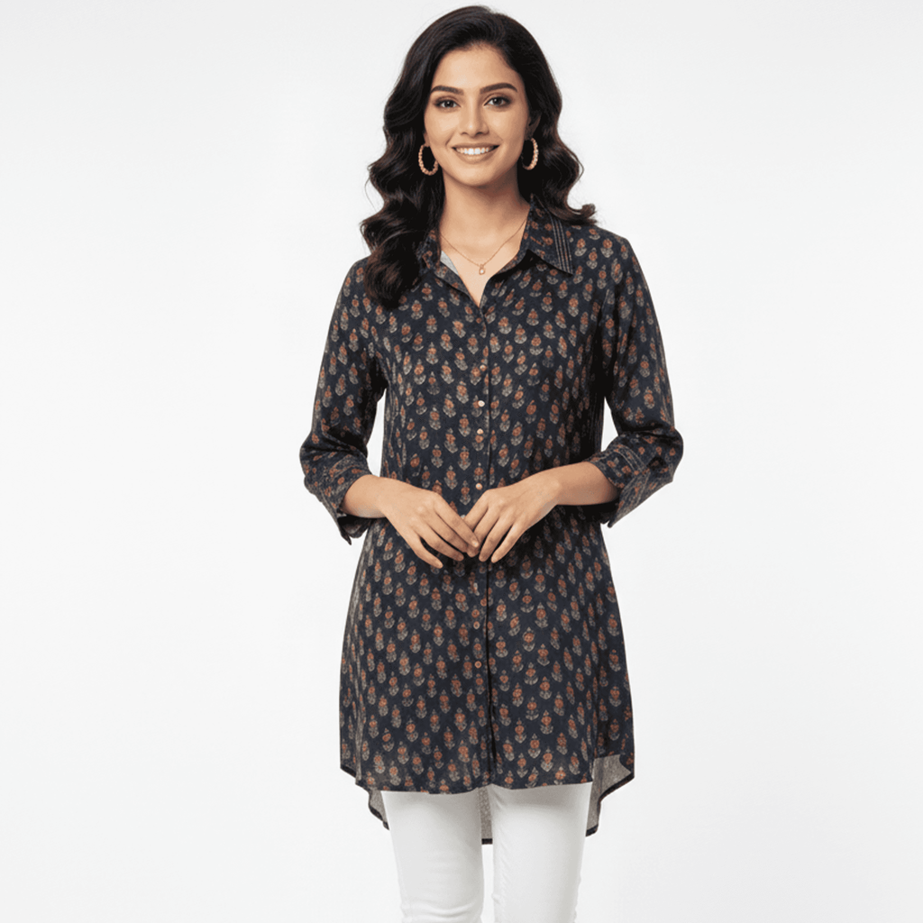Navy blue handcrafted designer tunic with floral print, perfect for casual outings or Dubai style.