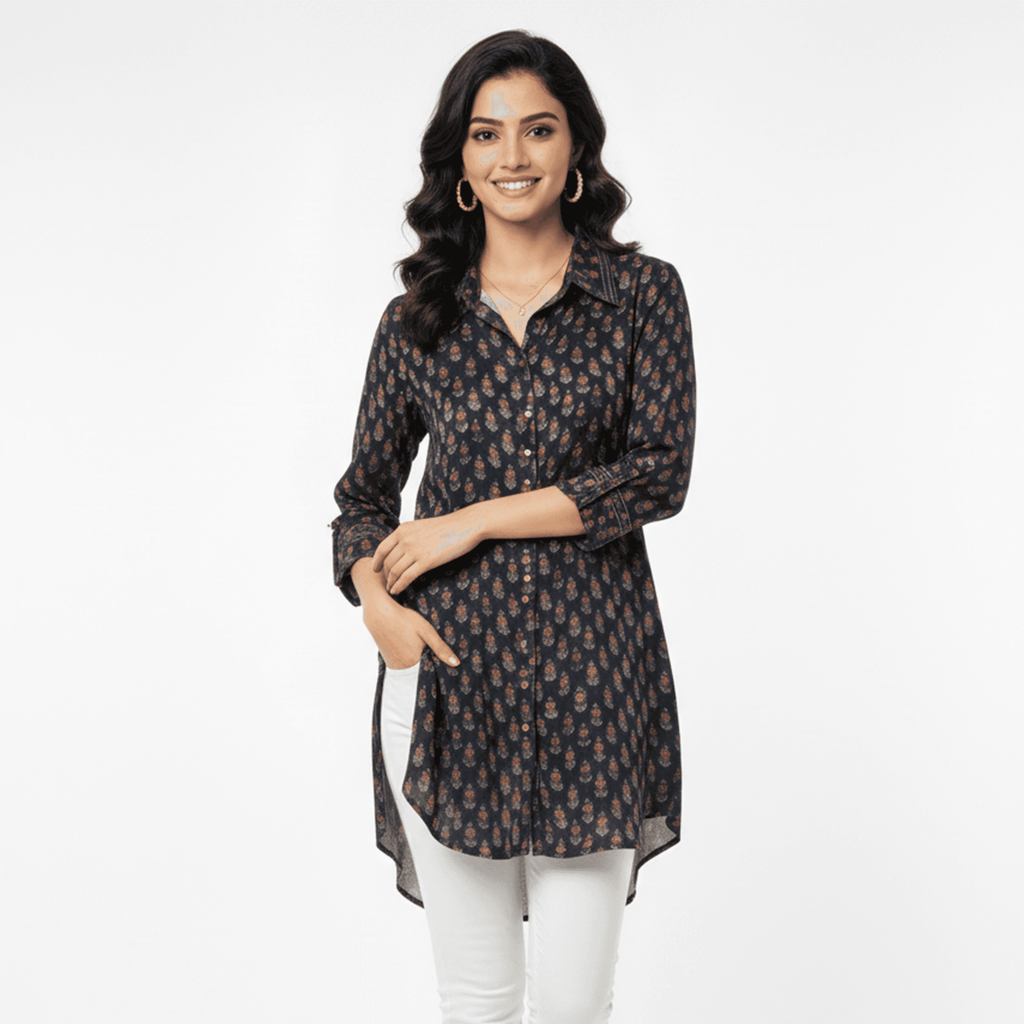 Handcrafted designer tunic in navy blue with a floral pattern, perfect for casual outings or Dubai events