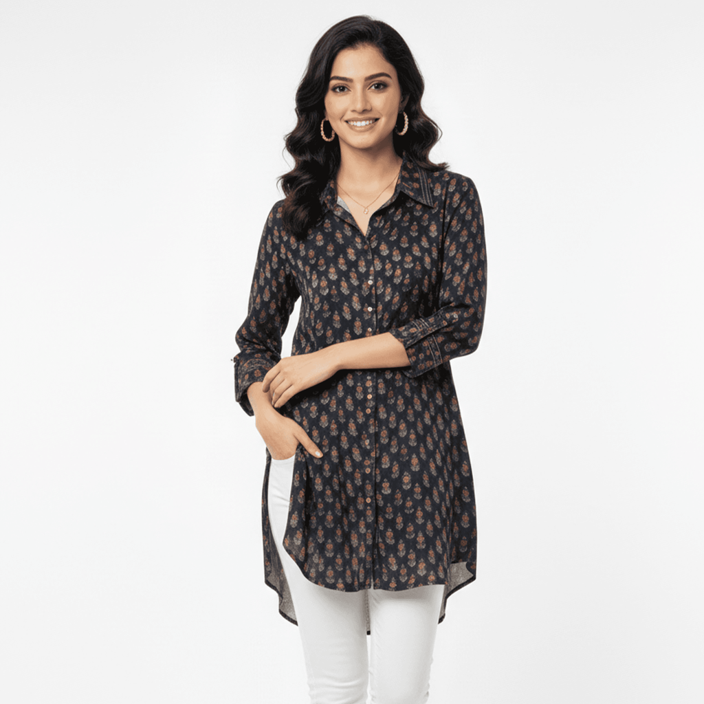 Elegant black handcrafted designer tunic with floral pattern, perfect for casual outings or Dubai events