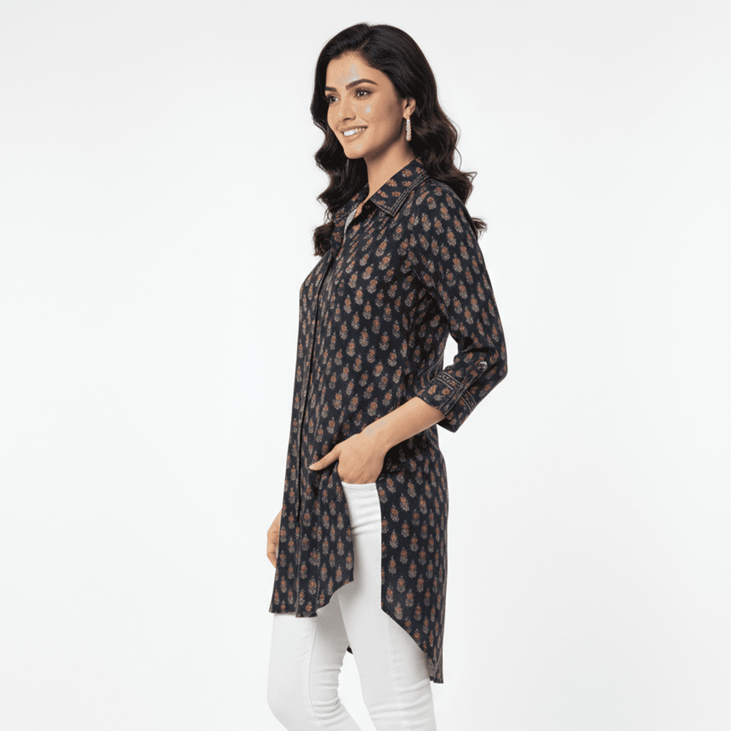 Navy blue handcrafted designer tunic with golden floral pattern, perfect for casual outings or festive occasions