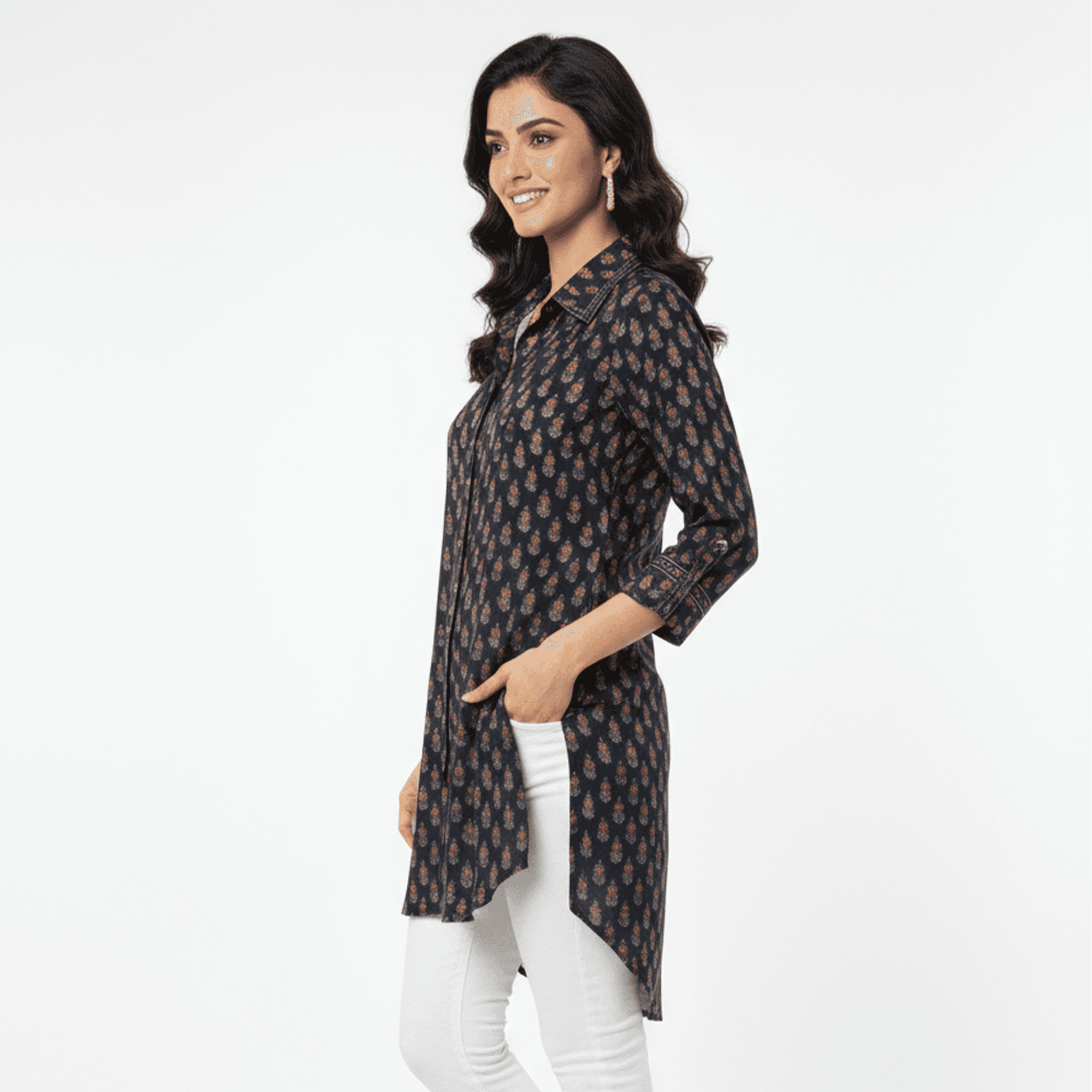 Navy blue handcrafted designer tunic with golden floral pattern, perfect for casual outings or festive occasions