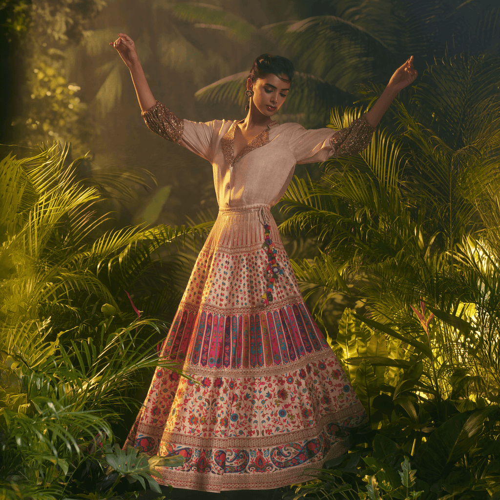 Elegant handcrafted embroidered ghagra Dubai with intricate designs and vibrant colors, perfect for festive occasions