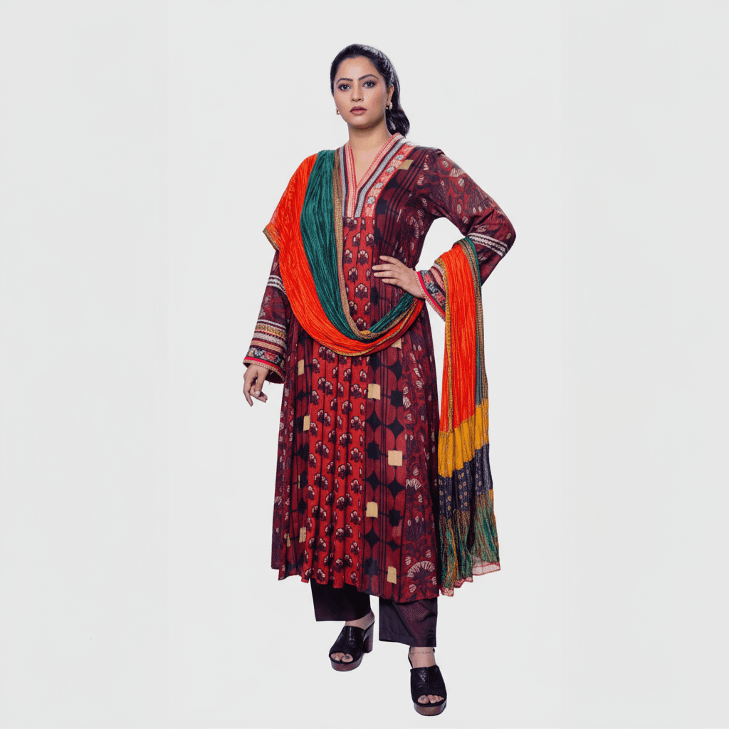 Elegant handcrafted phulkari charm set in rich maroon with geometric patterns, perfect for festive occasions