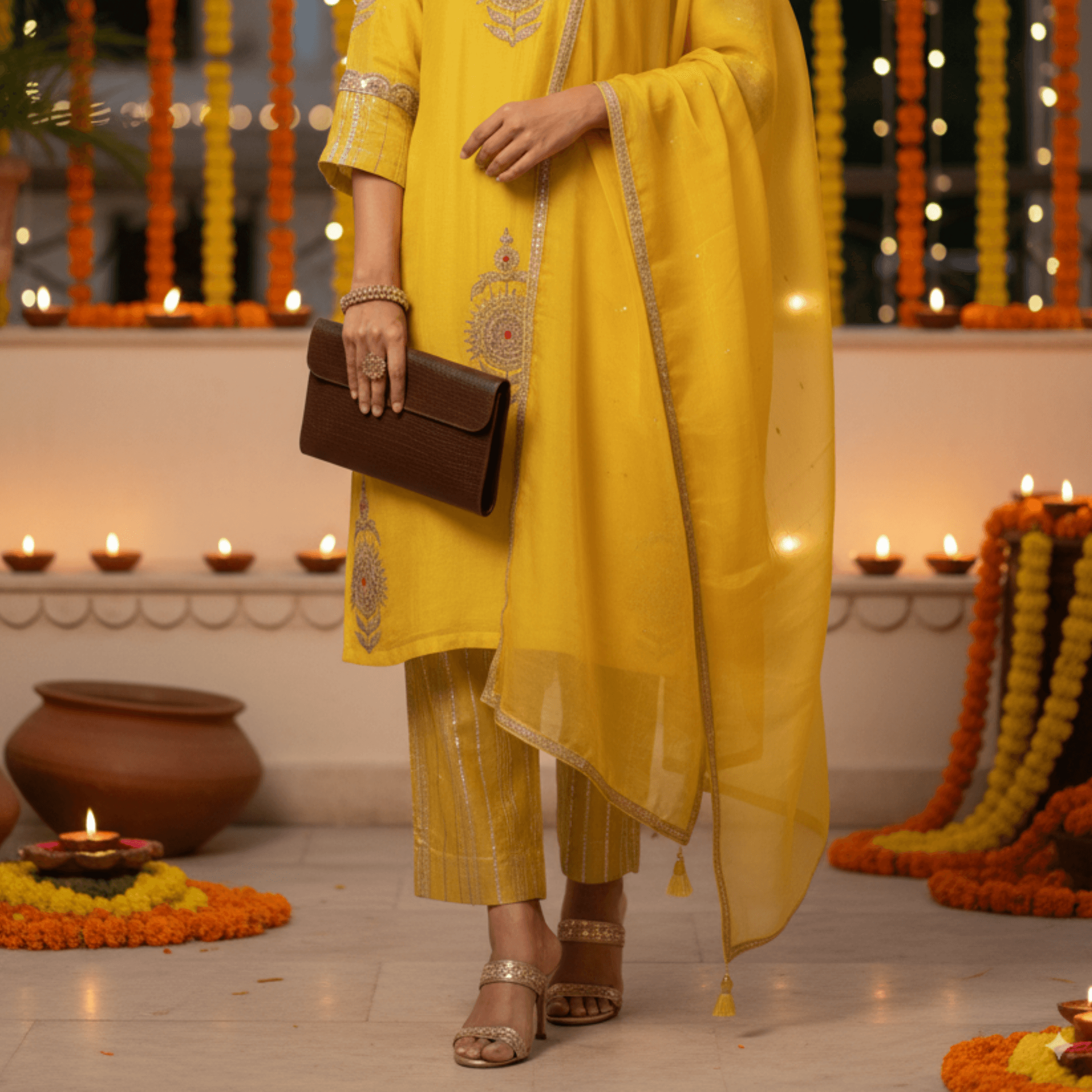 Bright yellow kurta set for women with elegant embroidery, paired with matching palazzo pants and a sheer dupatta