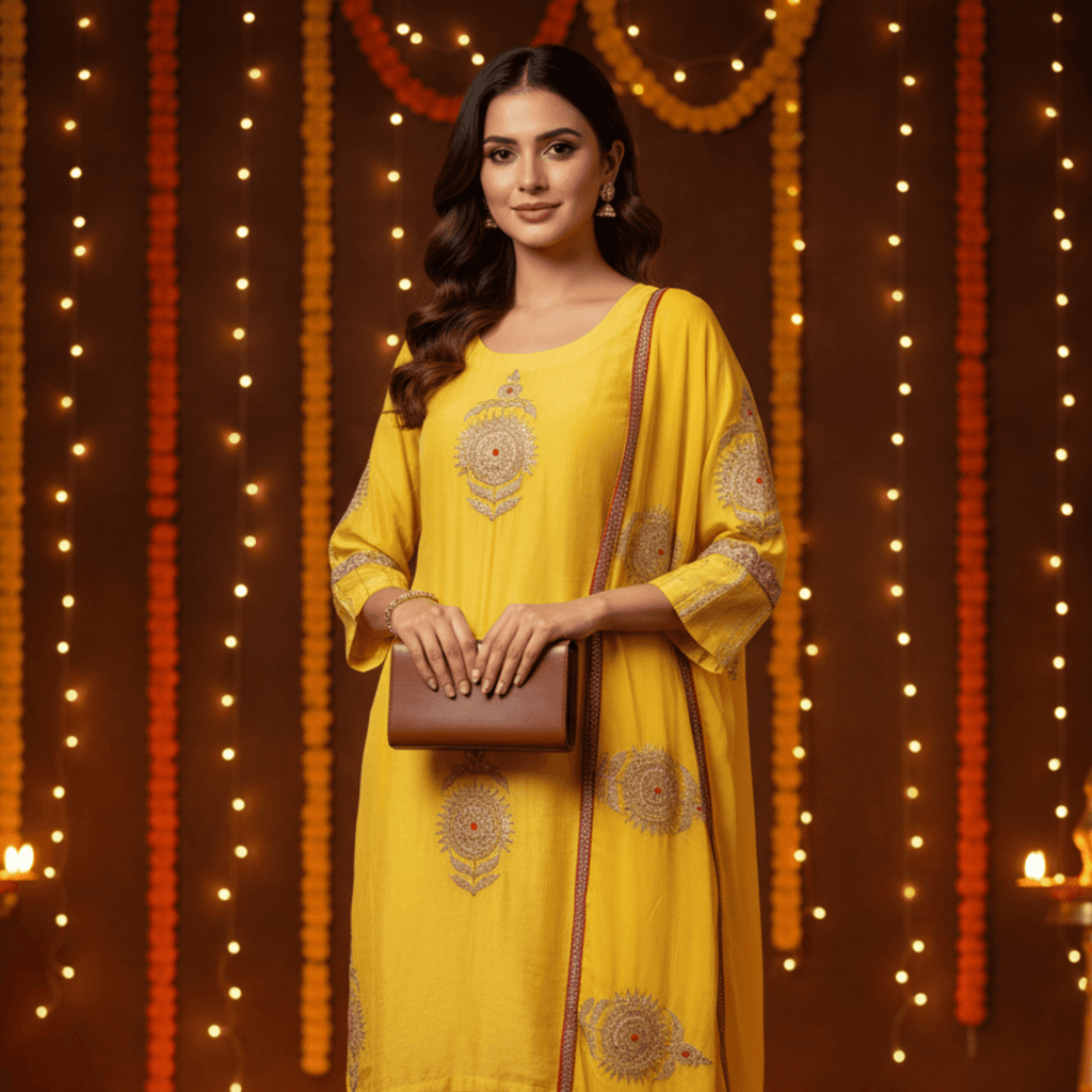Beautiful yellow kurta set for women with floral embroidery, perfect for festive occasions in Dubai