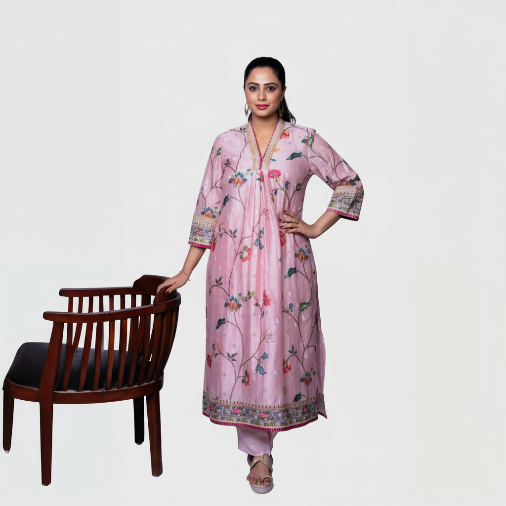 Pink luxury floral ethnic wear Salwar Kameez set with intricate embroidery, perfect for festive occasions.