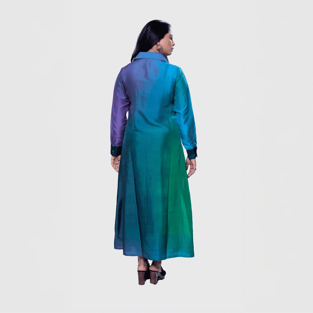 Elegant luxury shaded maxi dress in gradient hues, perfect for stylish occasions.