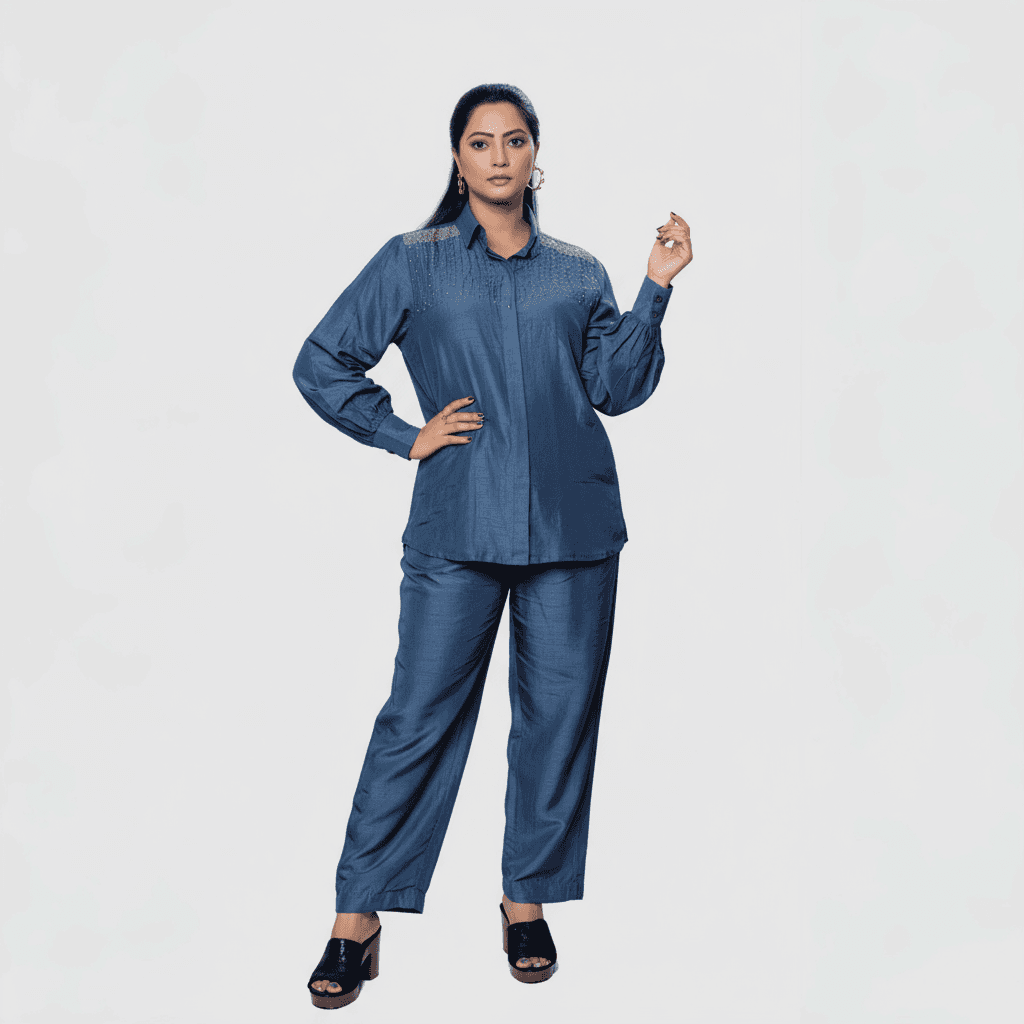 Elegant luxury two-piece party set featuring a stylish shirt and pants combo in a rich blue color