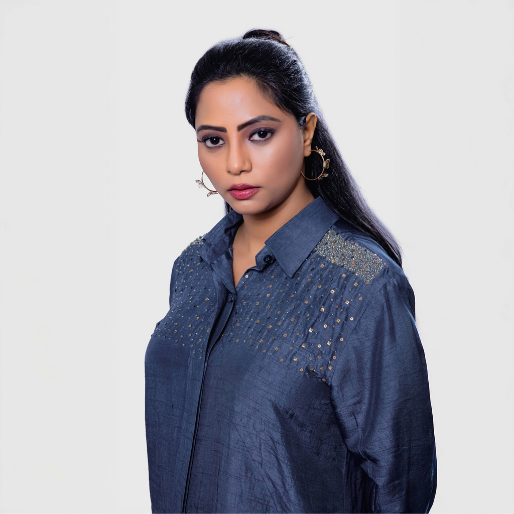 Luxury two-piece party set featuring a stylish shirt with elegant detailing for a chic look