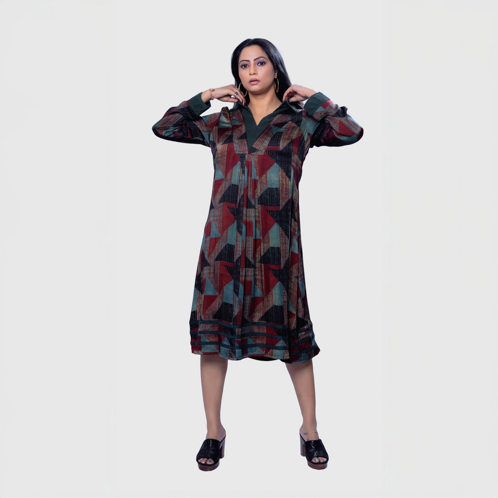 Model wearing a luxury women's dress Dubai with geometric patterns and long sleeves from My Store