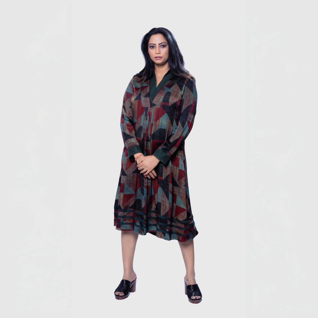 Luxury women's dress Dubai long one pcs dress with geometric patterns and long sleeves