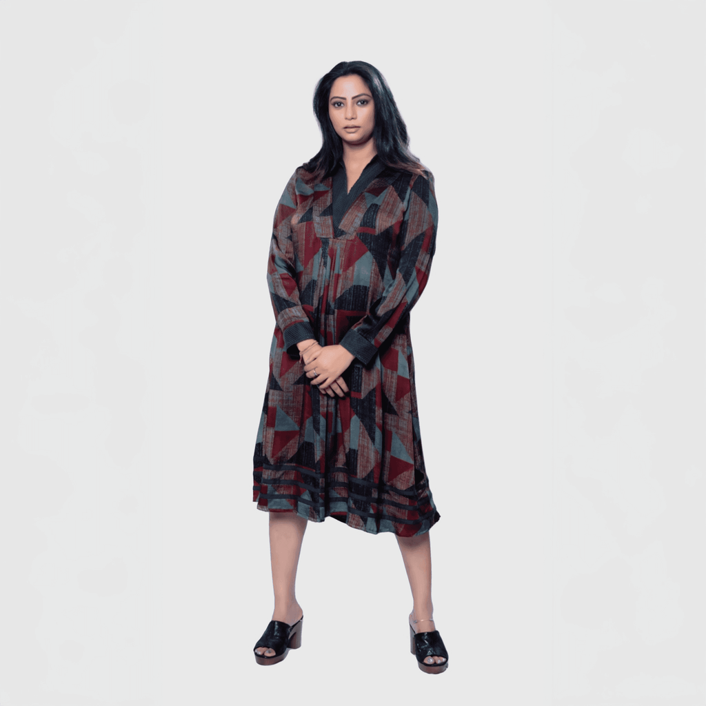 Luxury women's dress Dubai featuring a geometric pattern with a flattering silhouette