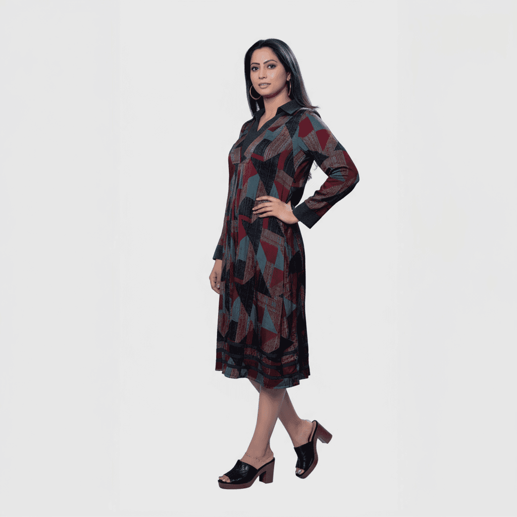 Stylish long one piece dress from My Store, a luxury women's dress Dubai with a modern geometric pattern.
