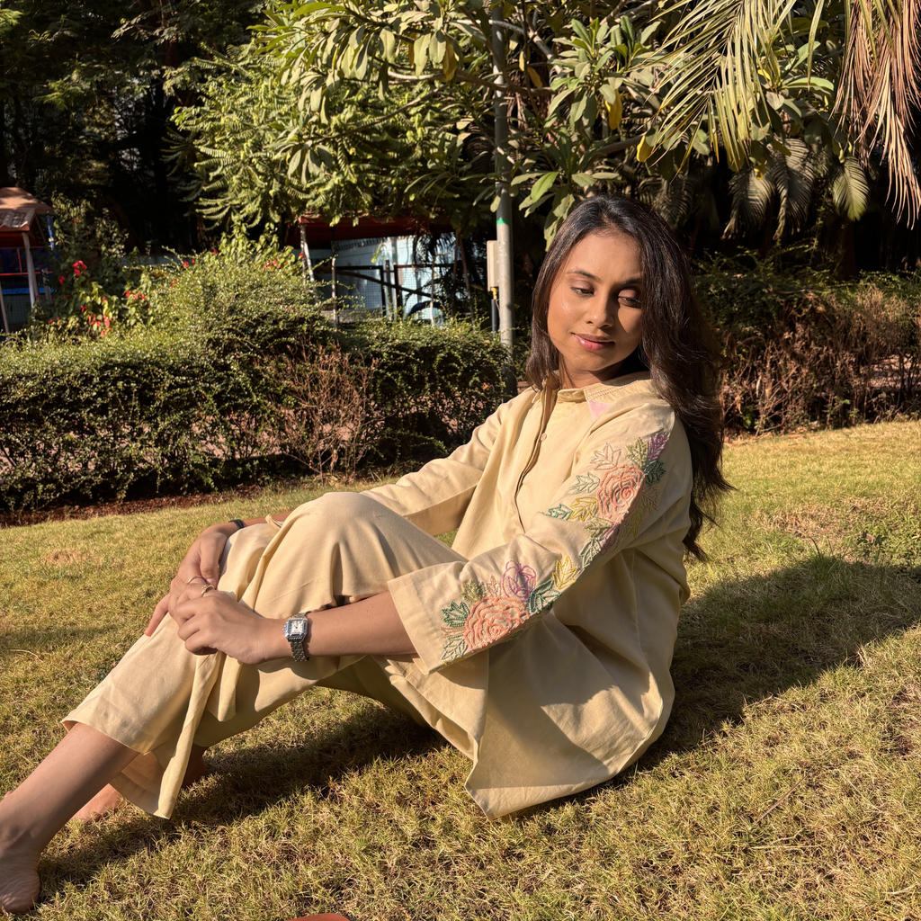 Light yellow matching set women's with floral embroidery, perfect for casual outings or Dubai wear
