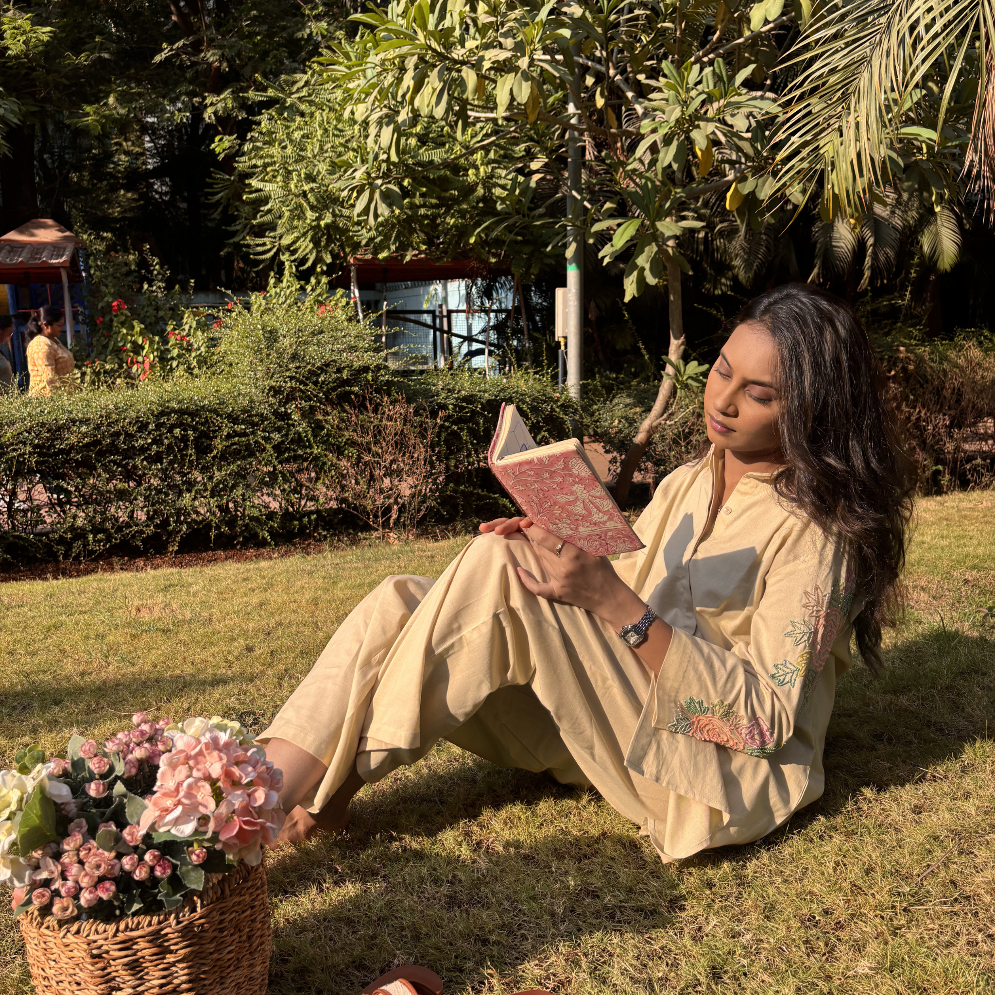 Elegant beige matching set women's with floral embroidery, perfect for casual outings or Dubai gatherings.
