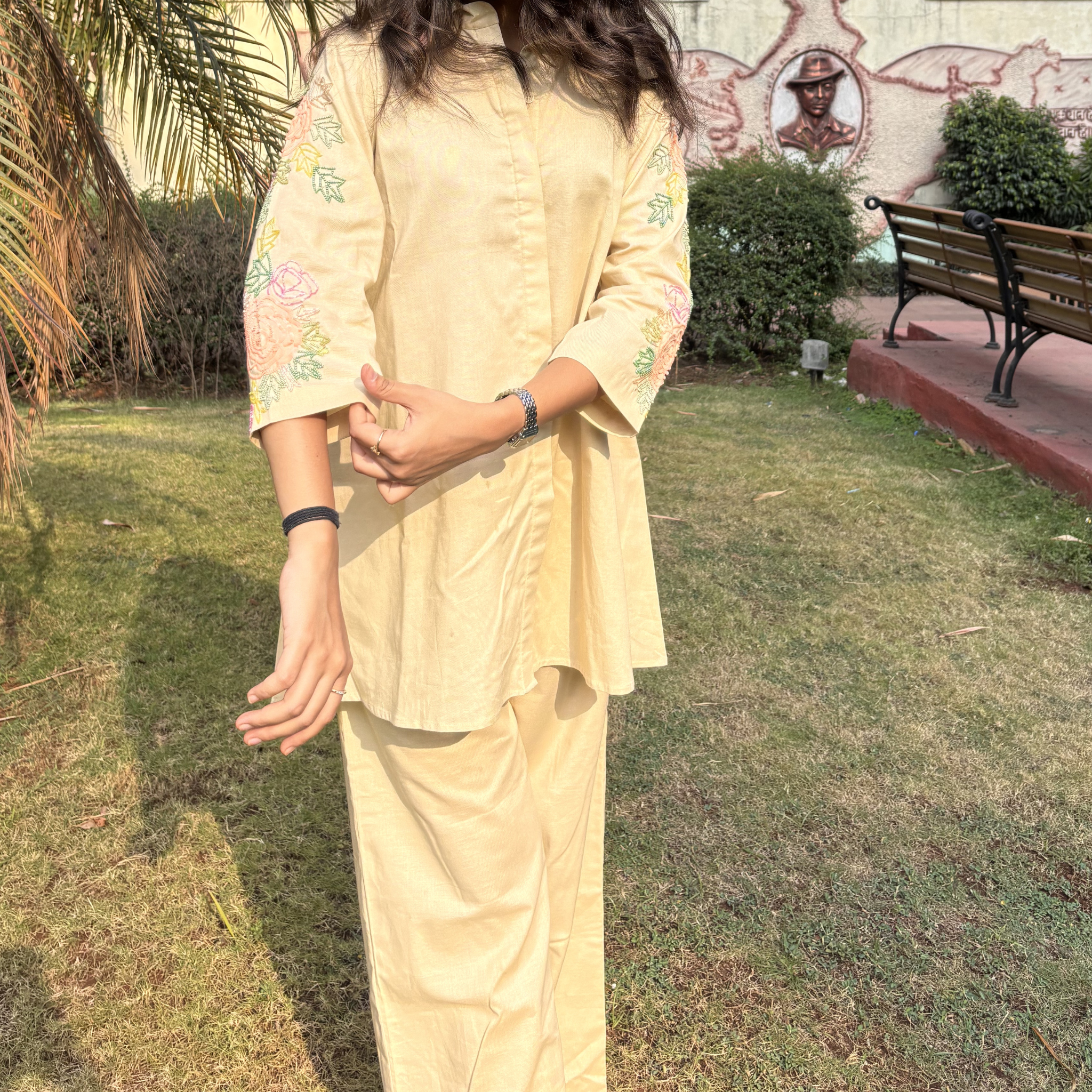 Light yellow matching set women's with floral embroidery, ideal for casual outings or Dubai events