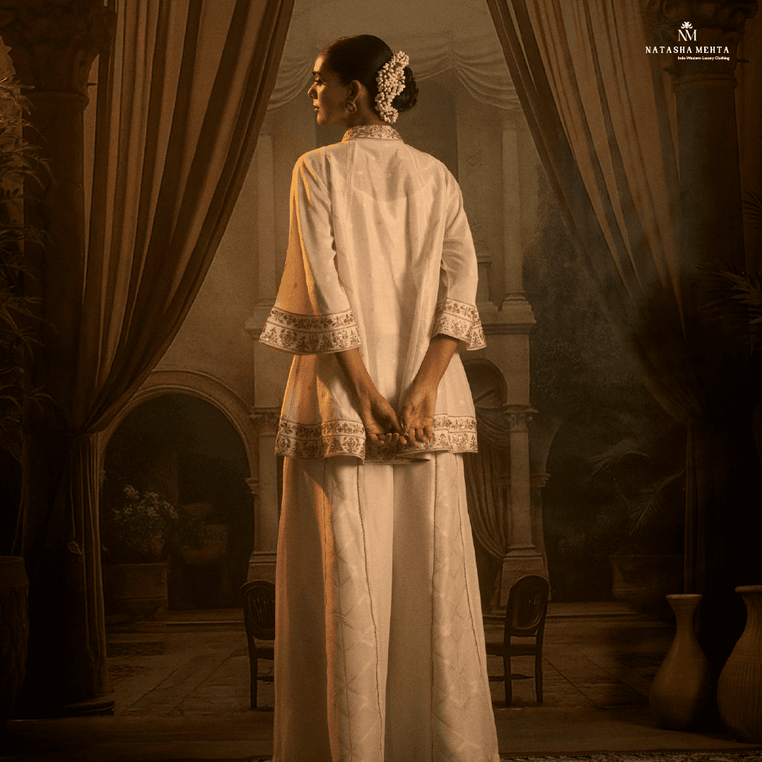 Elegant luxury silk co ord outfit with intricate embroidery and a stylish design for formal occasions