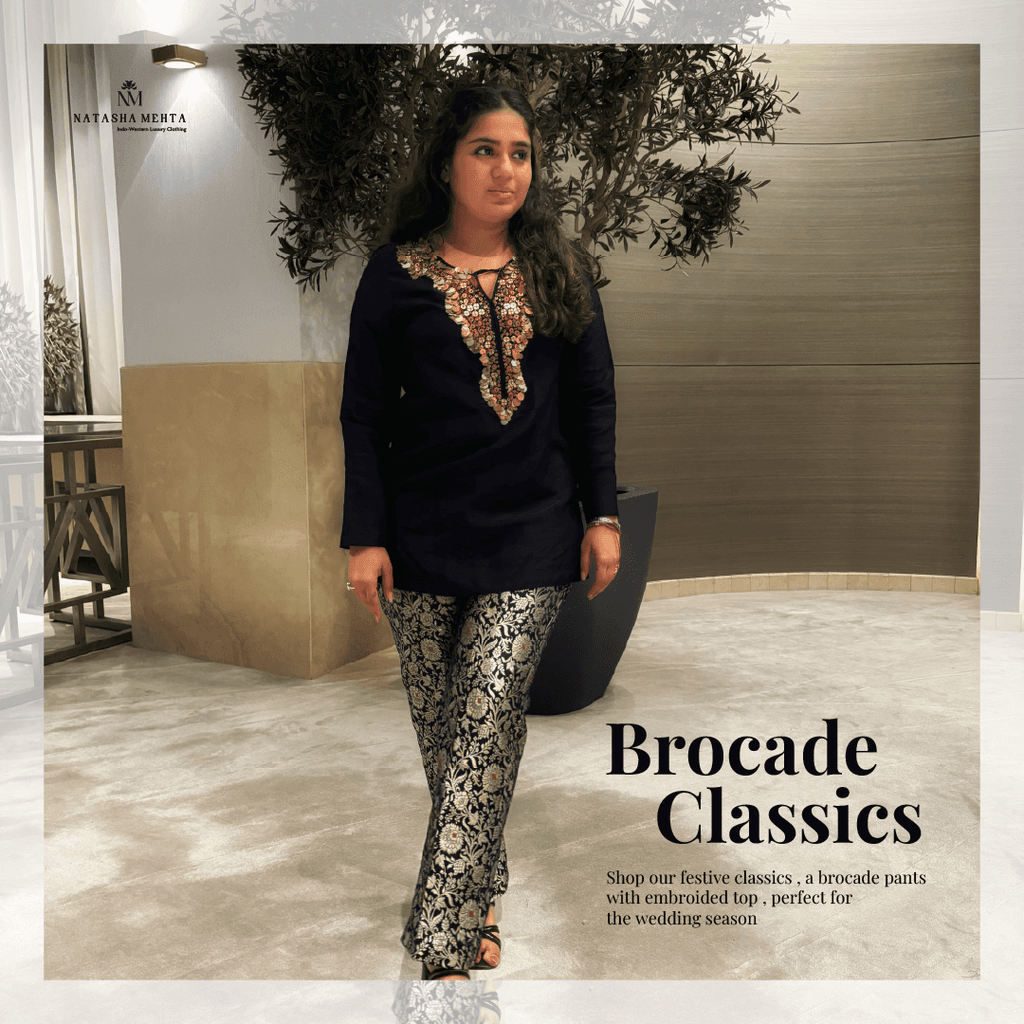 Midnight elegance womens clothing featuring a stylish embroidered top and brocade pants for festive occasions