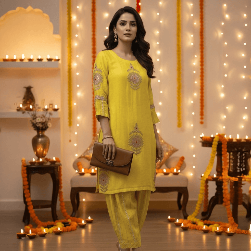 Elegant yellow festive kurta set by Natasha Mehta featuring intricate embroidery and matching bottoms for festive occasions