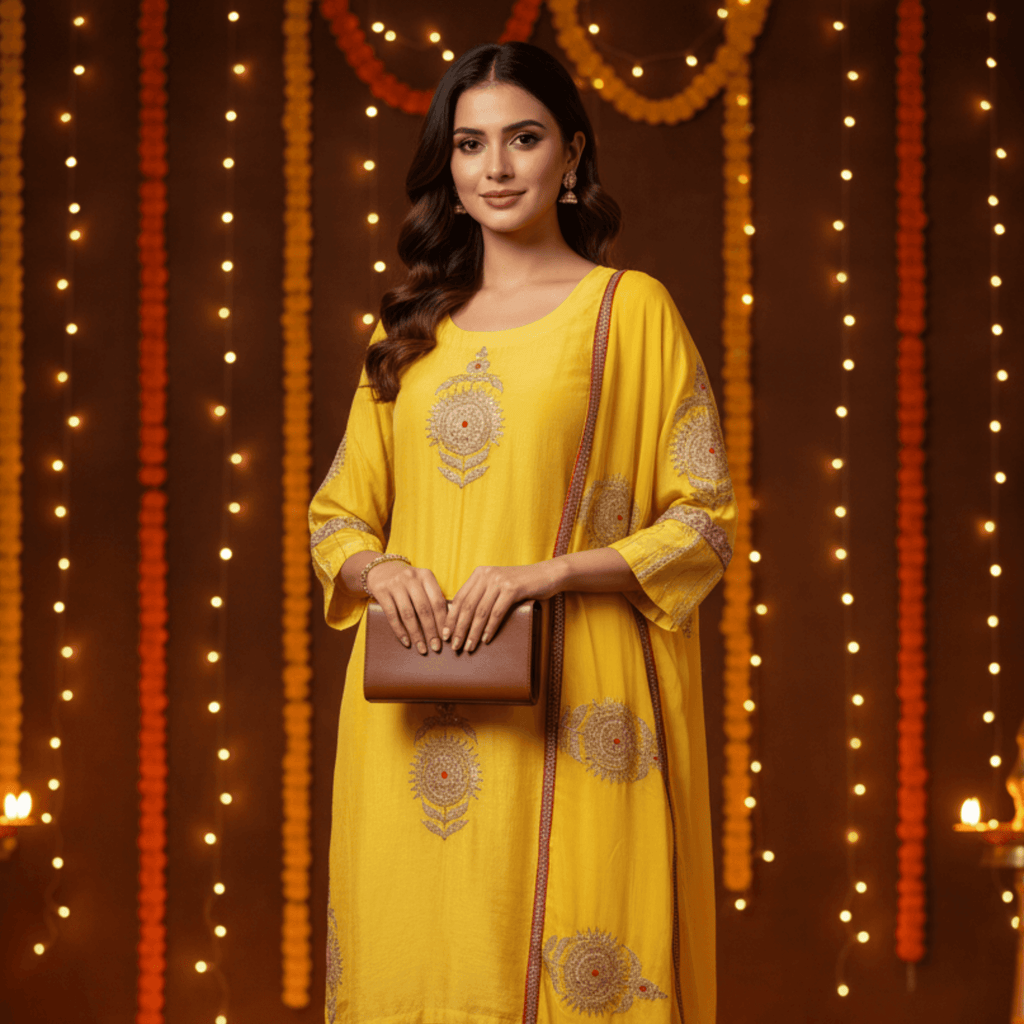 Yellow festive kurta set by Natasha Mehta styled for festive occasions with intricate embroidery