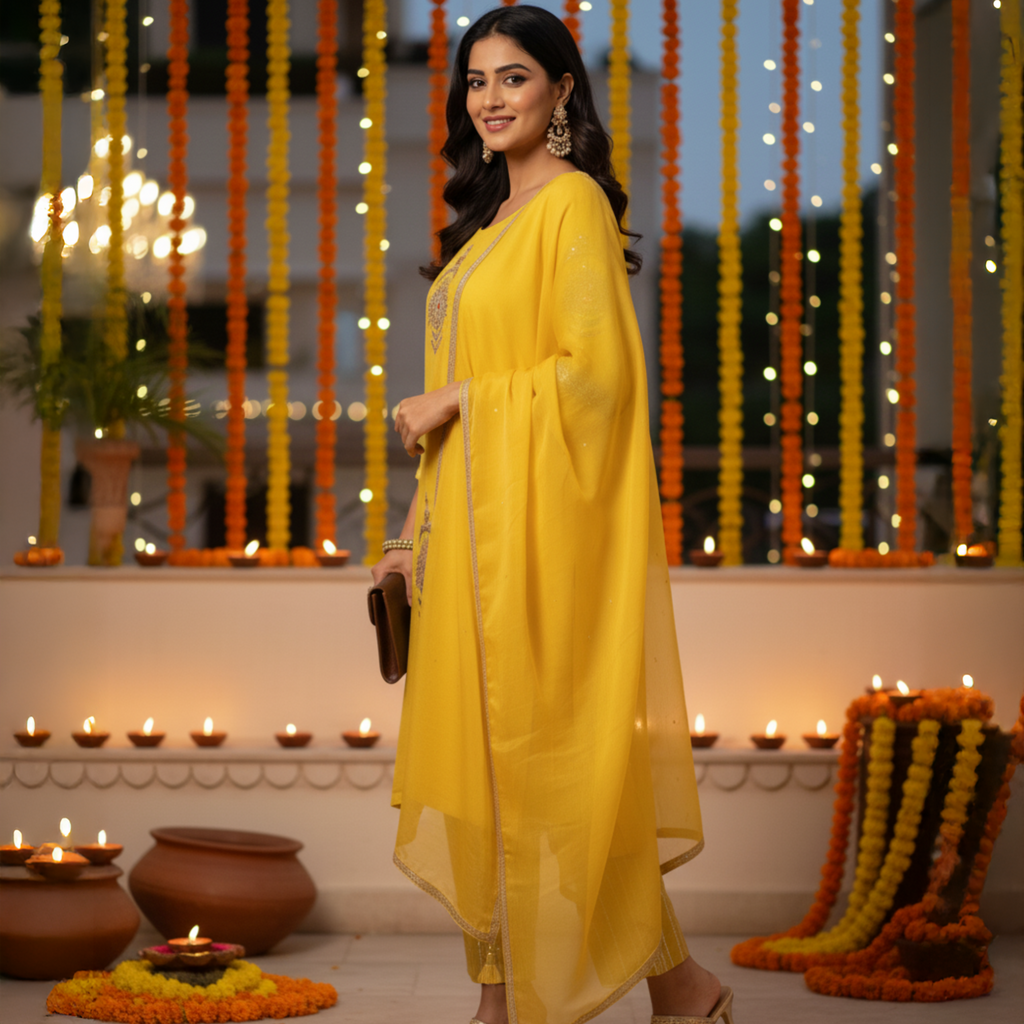 Beautiful yellow festive kurta set by Natasha Mehta worn with elegant accessories for festive celebrations