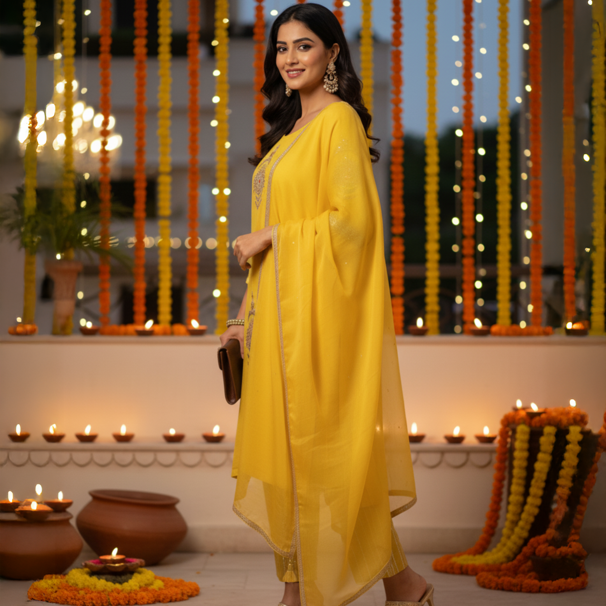 Beautiful yellow festive kurta set by Natasha Mehta worn with elegant accessories for festive celebrations