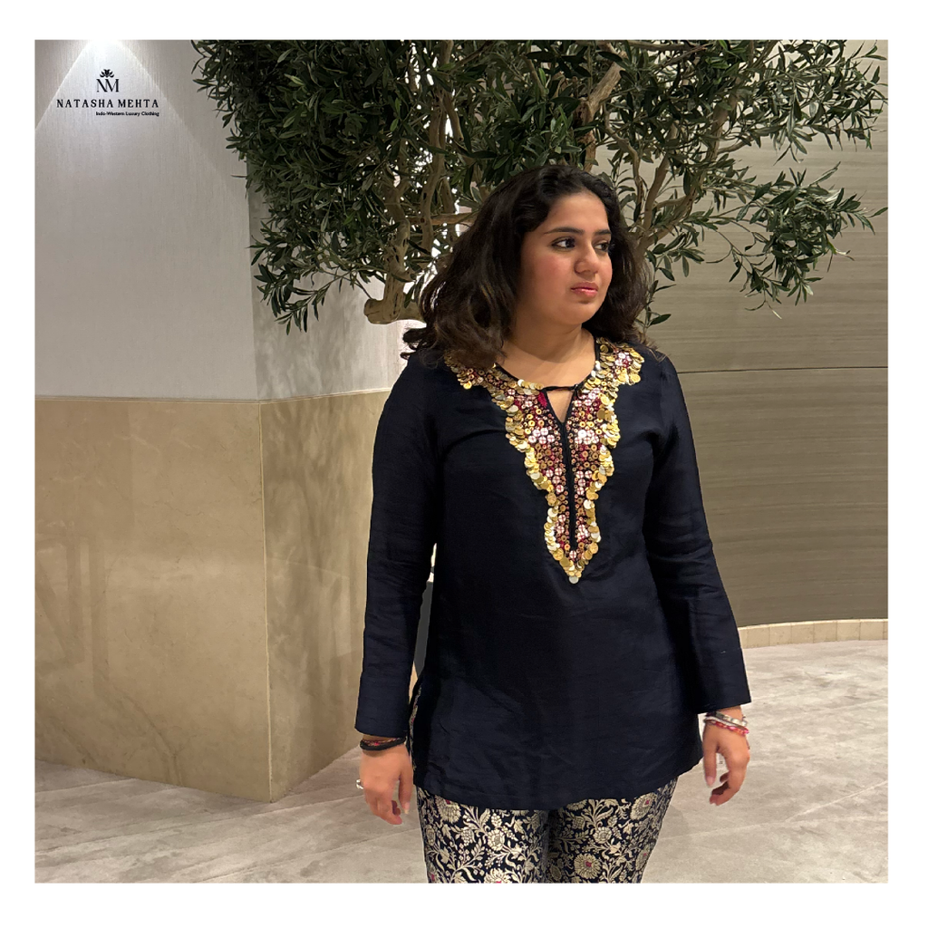 Natasha Mehta midnight elegance embroidered blouse in navy blue with intricate floral embroidery detail