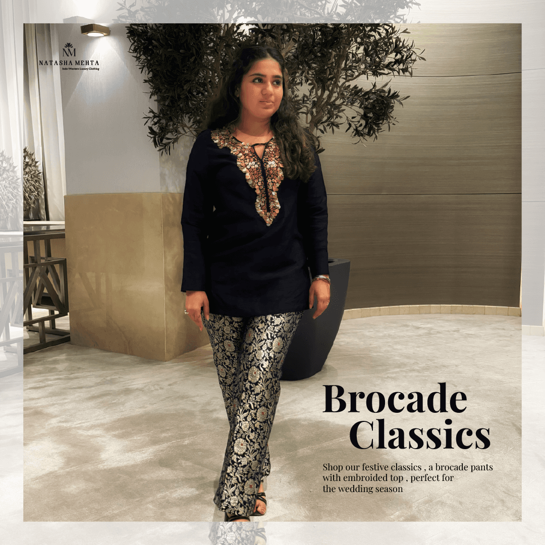 Natasha Mehta Midnight Elegance Embroidered Blouse in Navy Brocade with Intricate Detailing