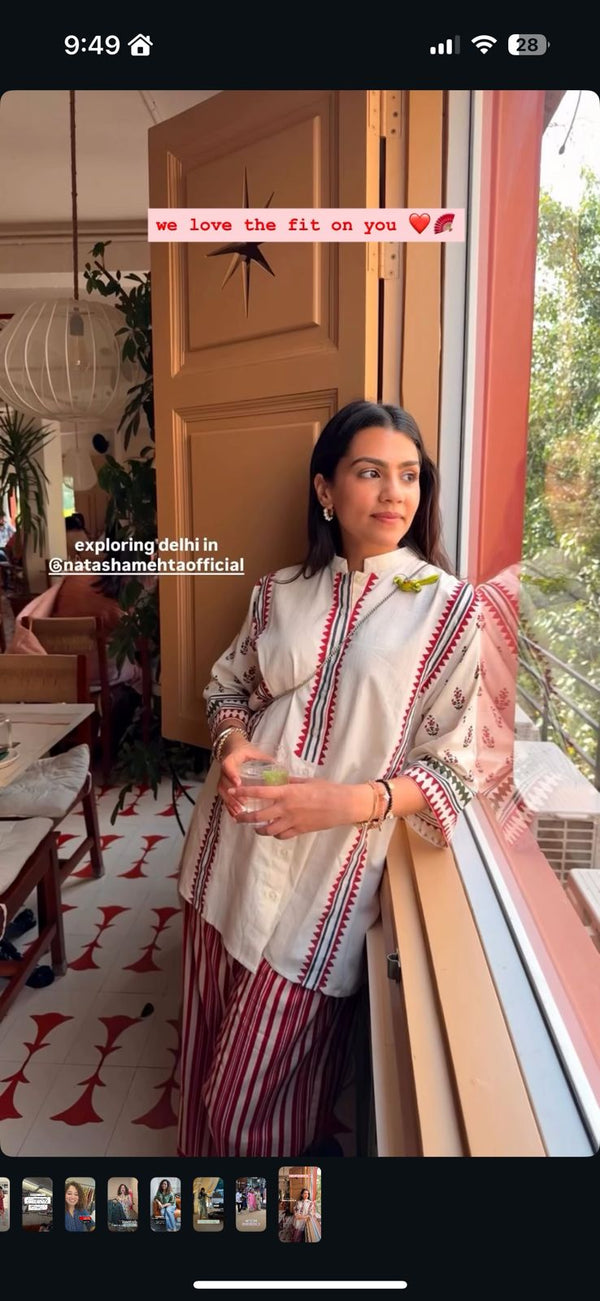 Yukti Sethi in our Summer Red Stripes & Block Print Kurta Set