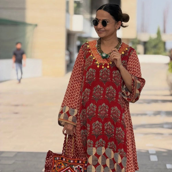Roopal Shah in our exclusive Ajrakh Print Red Kurta
