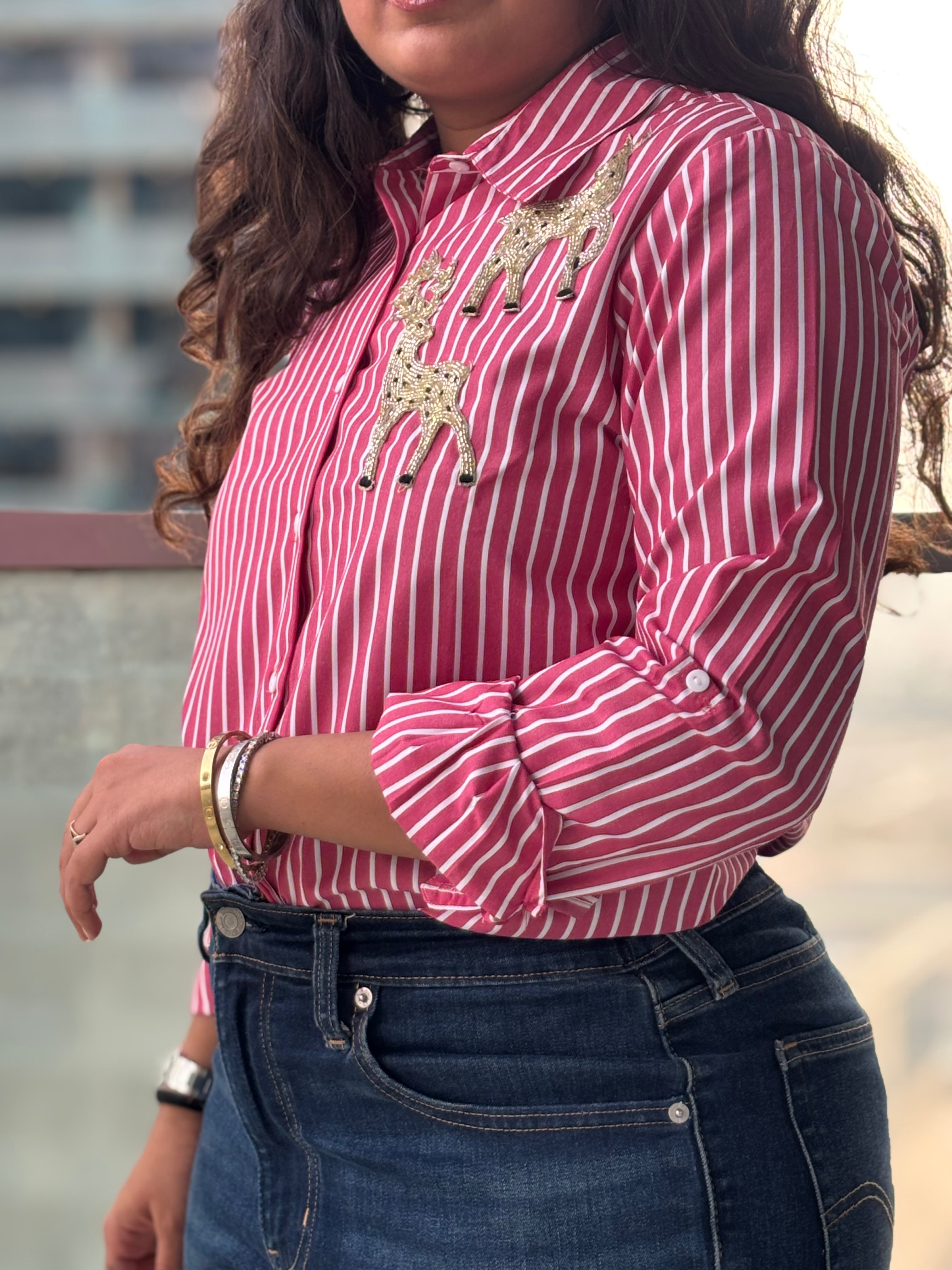 Natasha Mehta pink striped sequin top for parties with unique animal embellishments