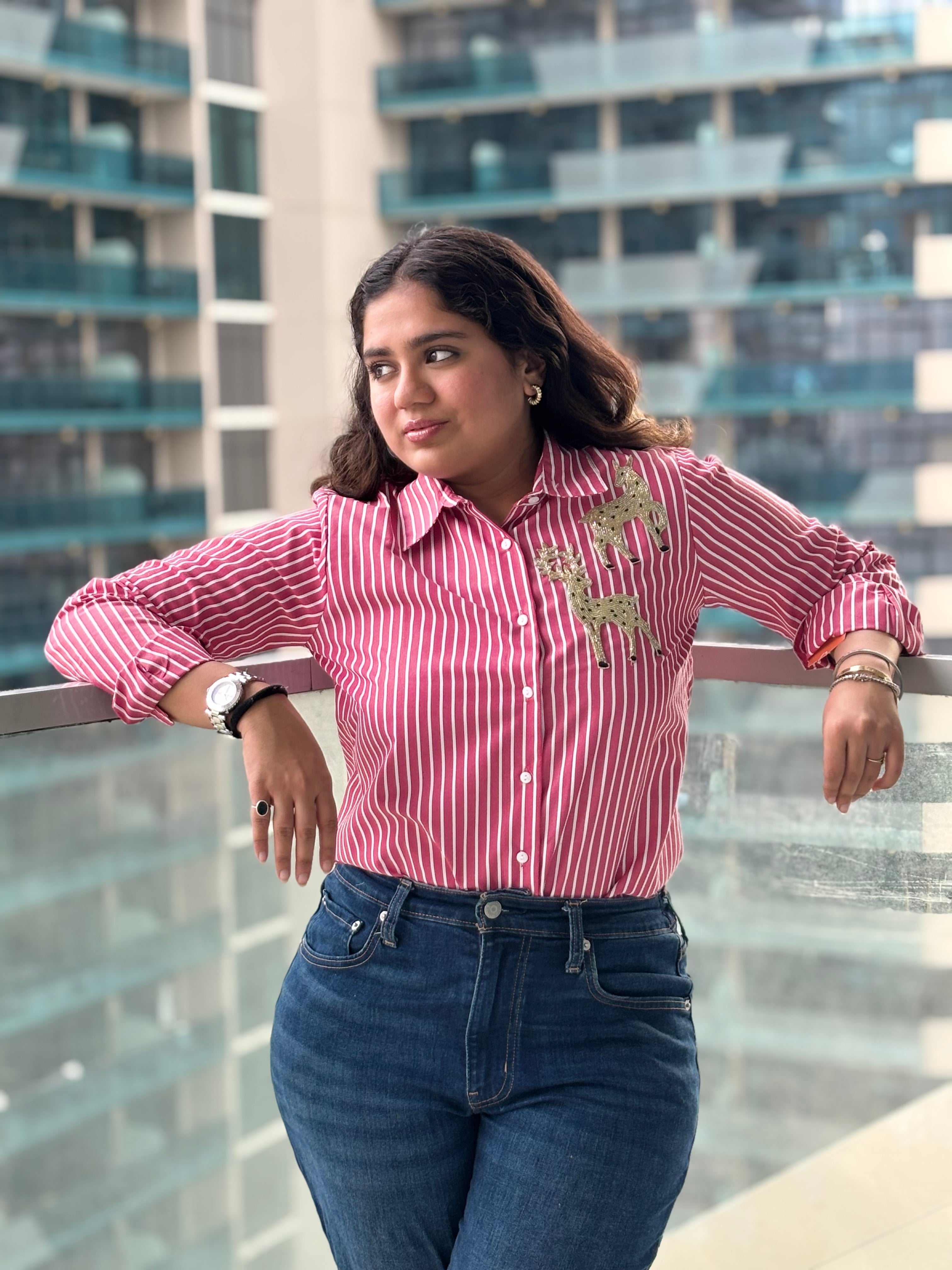 Natasha Mehta pink striped sequin top for parties, featuring stylish stripes and sequin detailing